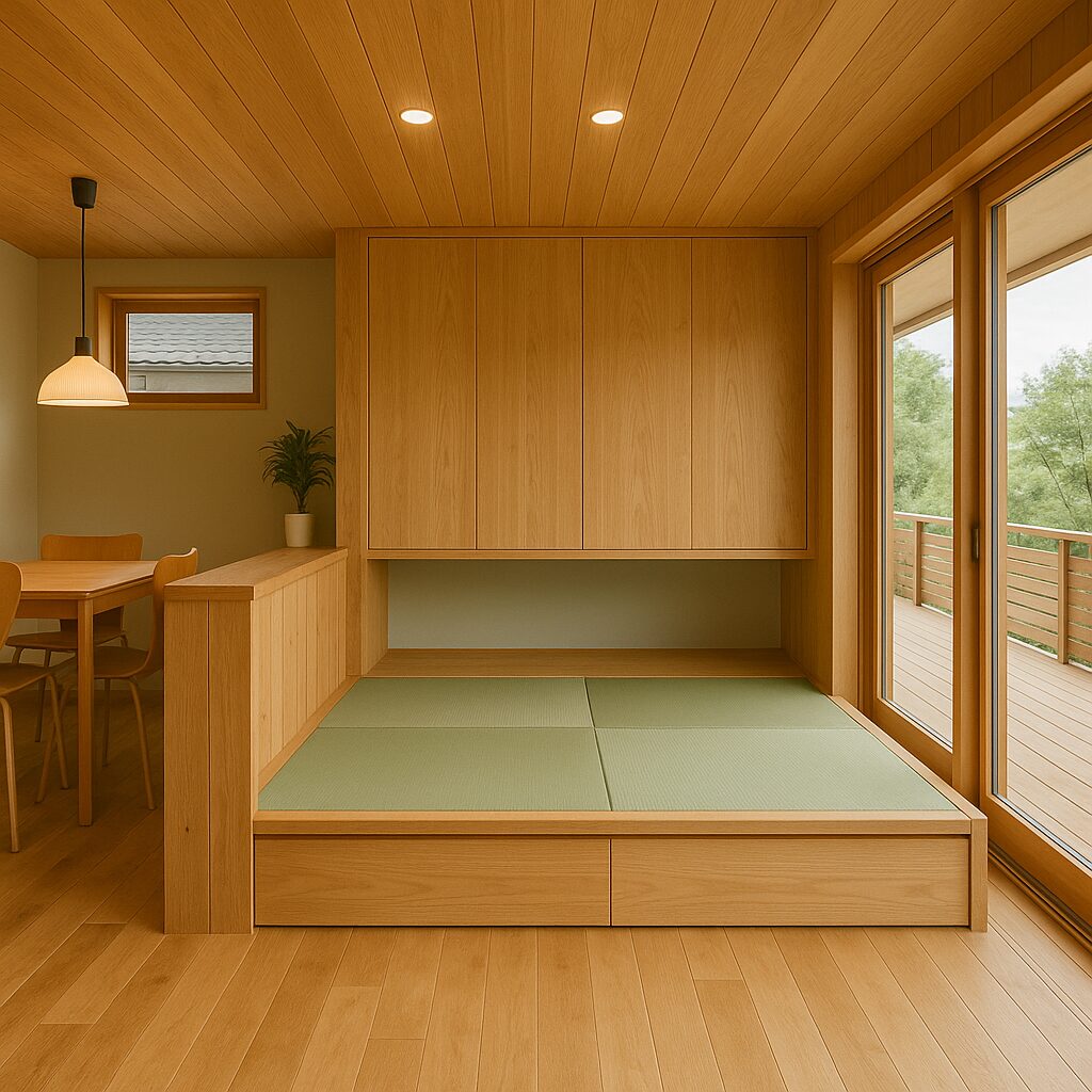 小上がりの和室と隣接するリビングの様子。段差があることで掃除や安全面の考慮が必要なイメージ。