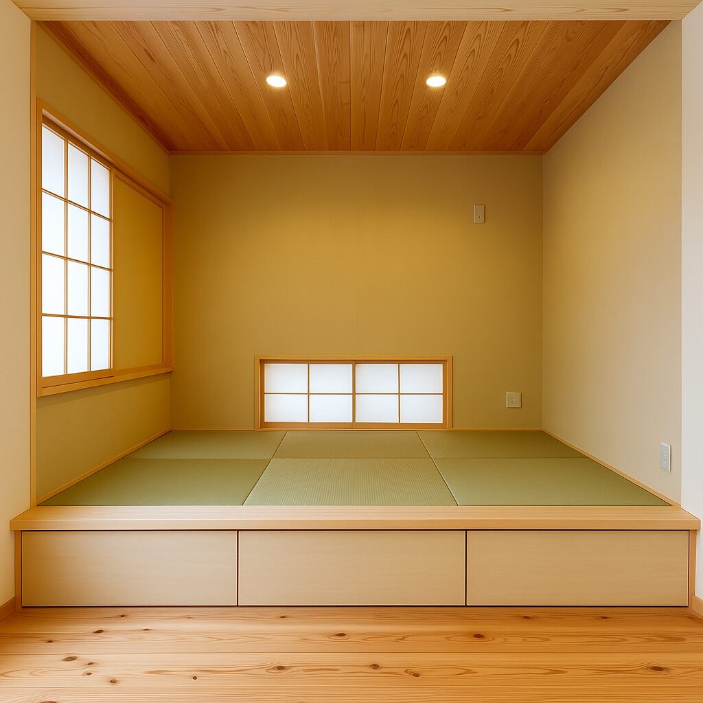 小上がりの和室のイメージ写真。床下に収納スペースがあり、窓辺に畳が敷かれている。