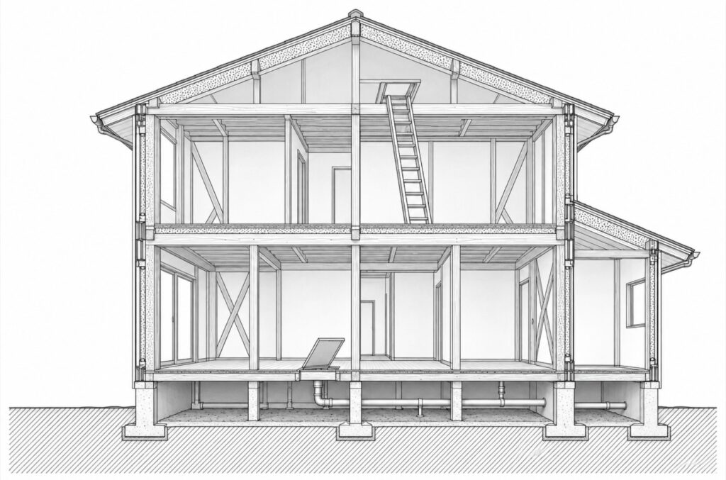 長期優良住宅の認定基準の項目を、住宅の断面にあてはめて示した図