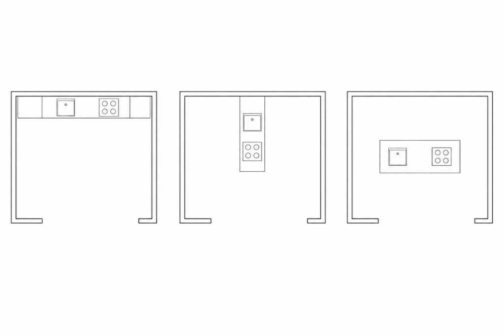 I型、ペニンシュラ型、アイランド型のキッチンを上から見た配置の図