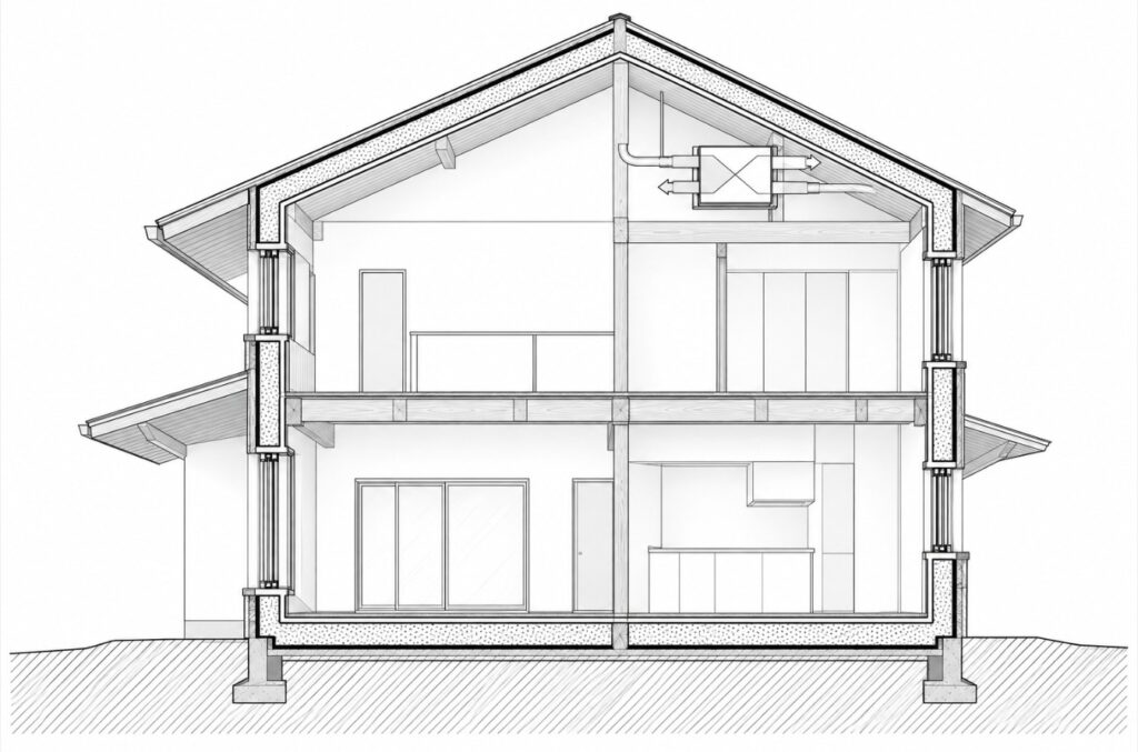 断熱材と気密の層が家をすき間なく包み、換気で空気を入れ替える断面を示した図