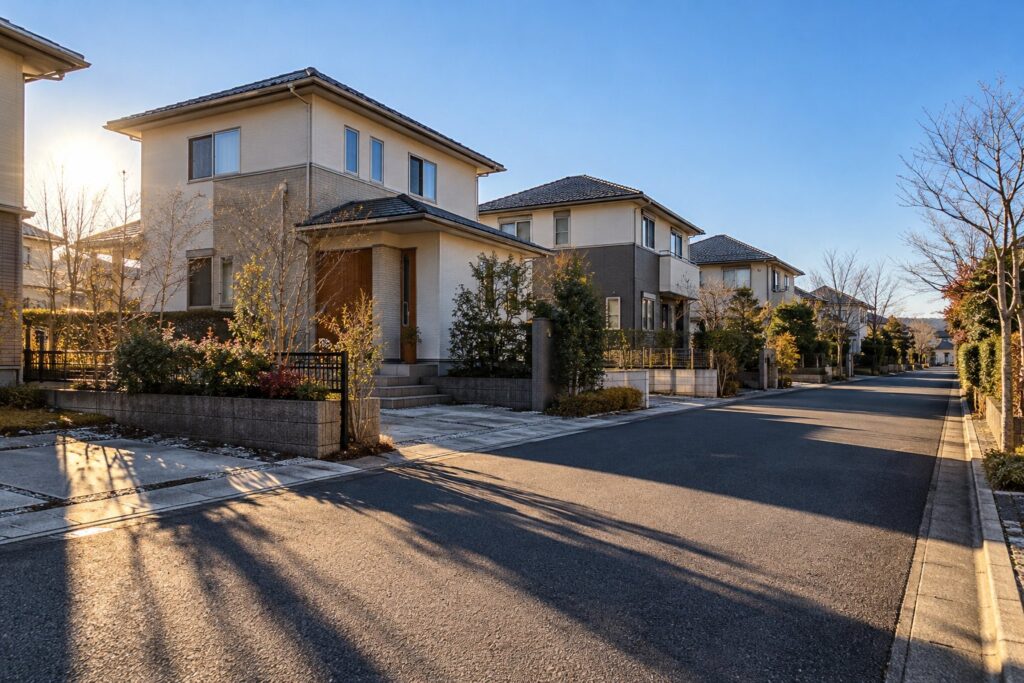 冬の低い日差しで、住宅の北側に長い影が落ちる住宅地