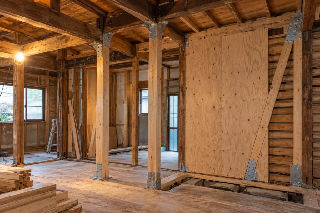 木造住宅の耐震補強の工事中。壁に構造用合板を張り、柱と梁の接合部に金物を付けている