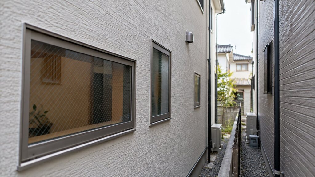 隣家との距離が近い住宅の外壁と窓