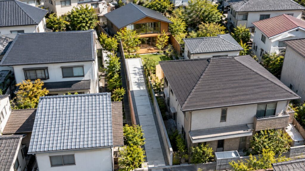 旗竿地を上から見た様子。道路から細い通路を通って奥の敷地に家が建つ