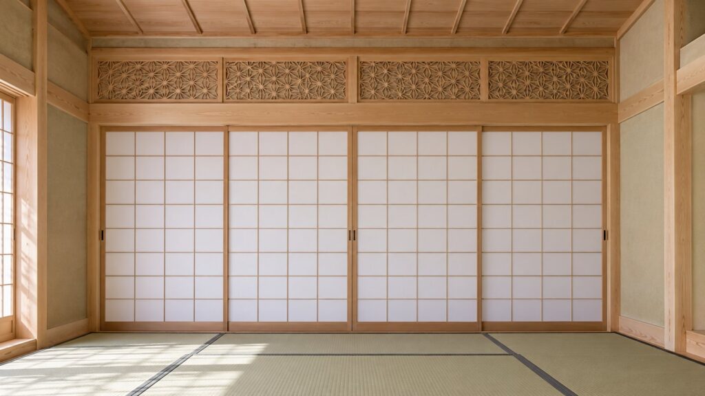 和室の建具まわり。床の敷居、障子の上の鴨居、その上の長押と組子の欄間