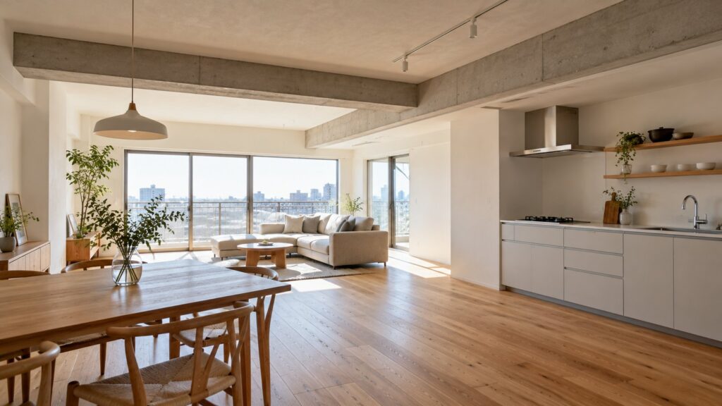 フルリノベーションした中古マンションの、壁を取り払って広くしたLDK