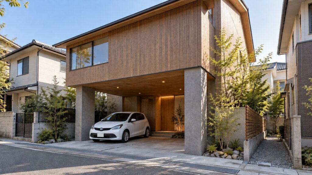 2階建て住宅の1階の一部をピロティにして、屋根のかかった駐車スペースにしている