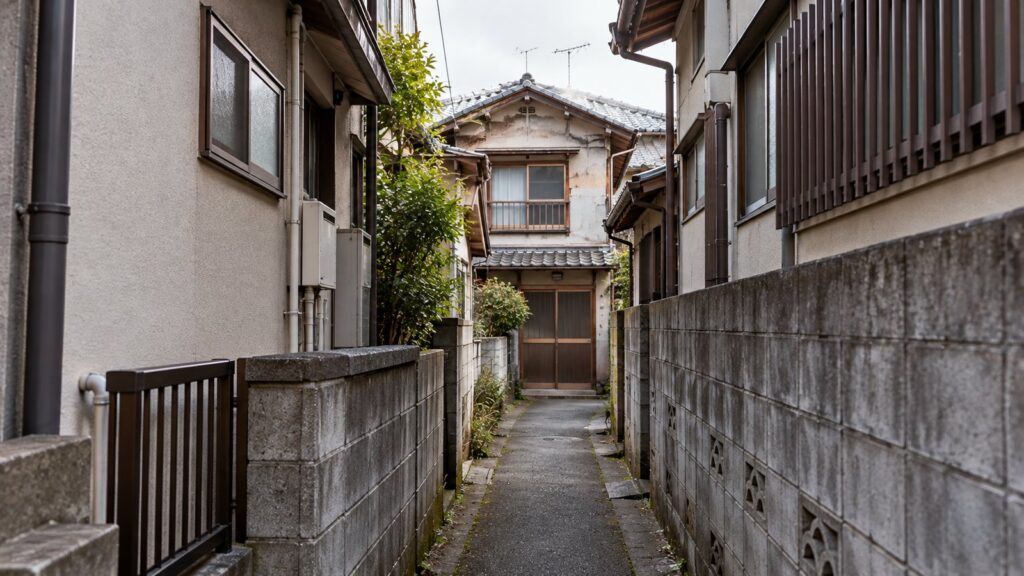 細い路地の奥に建つ古い木造住宅。道路に接する部分が狭い