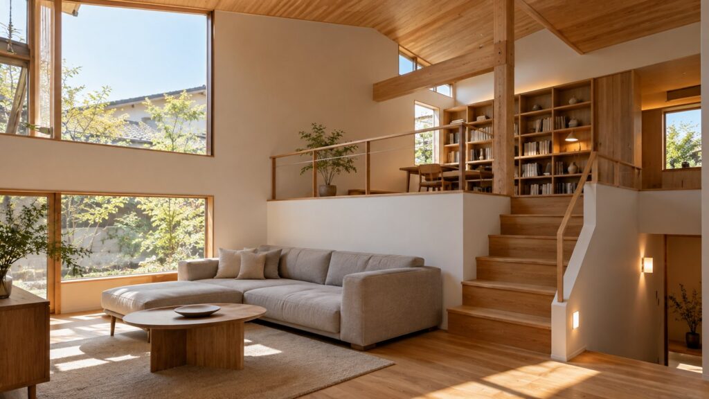 リビングから半階上がった中二階の床が見えるスキップフロアの住まい