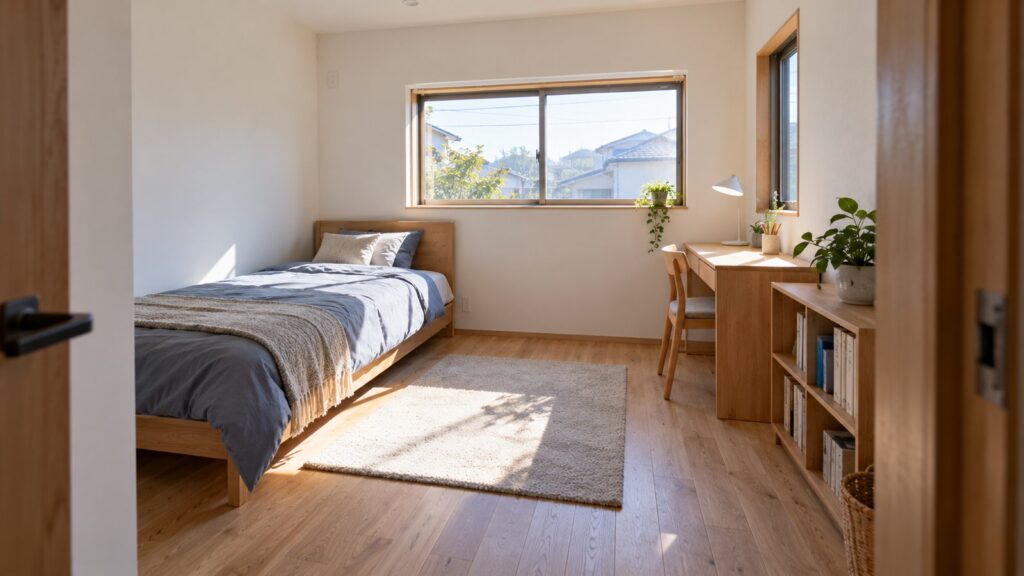 6畳ほどの洋室。ベッドと机を置いた子ども部屋