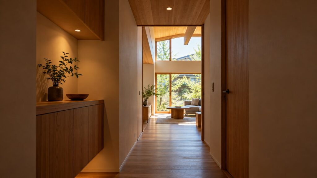 天井を低く抑えた廊下から、天井の高いリビングに入る住まいの断面のような眺め