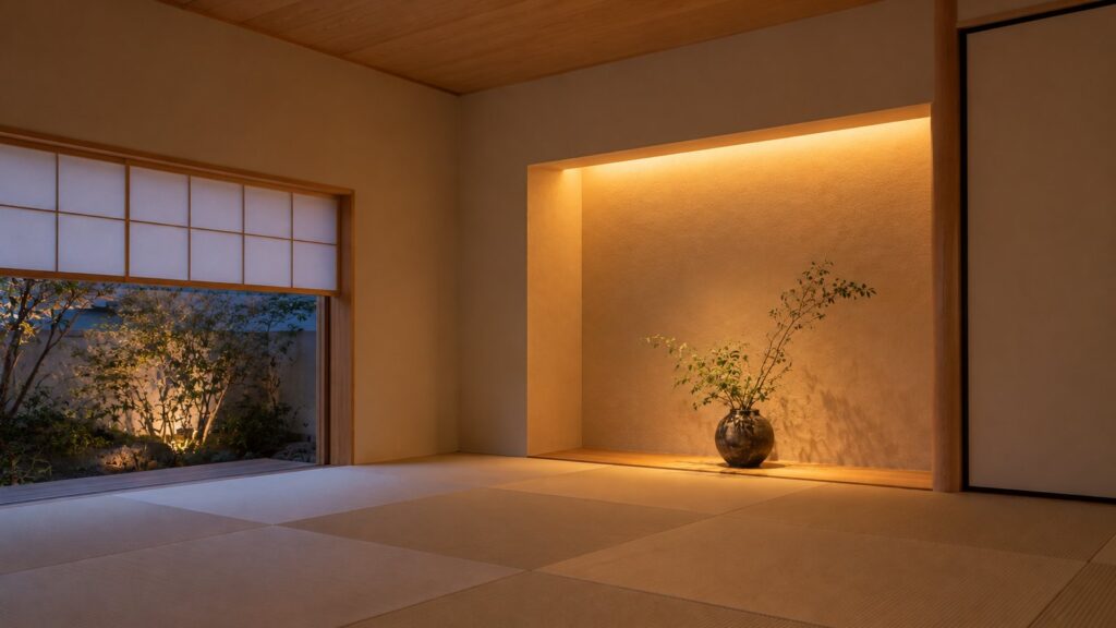 現代の和室に設けた、段差のない簡素な床の間と間接照明
