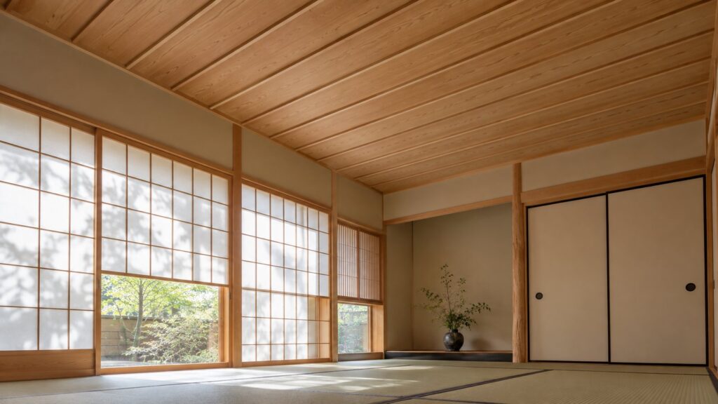 竿縁天井の和室。細い竿縁が一方向に並び、板張りの天井になっている
