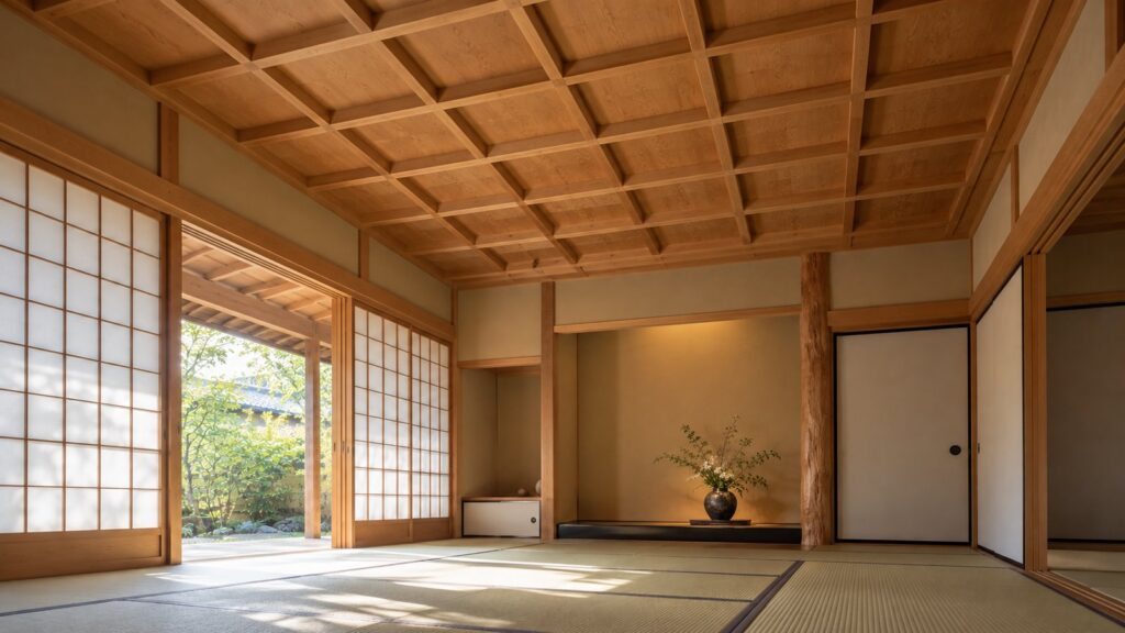 格天井の和室。格子に組んだ角材と板で、重厚な印象になっている
