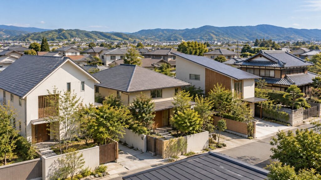 切妻・寄棟・片流れなど、形の違う屋根の家が並ぶ住宅地